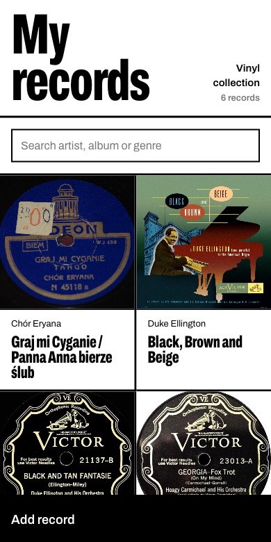 The My records home screen: a grid of record labels and covers with the album titles in large letters.