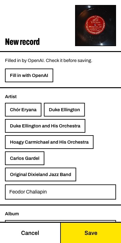 The new record form with the note 'Filled in by OpenAI. Check it before saving.' and the artist filled in.
