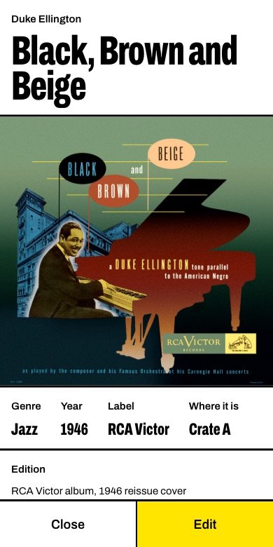 A record's page: the album title in large letters above its cover.