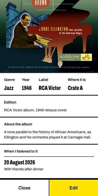 Below the cover: genre, year, label, where it is, the edition, a short text about the album and the dates it was played.