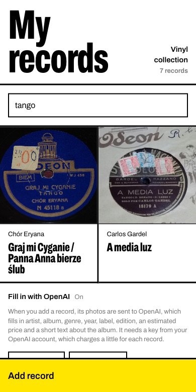 The search box with the word 'tango' and two tango records found.