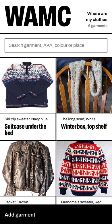 The WAMC home screen: a grid of garment photos, each with its place written in large letters.