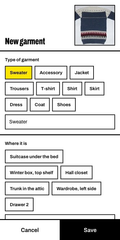 Adding a new sweater: the photo at the top, then buttons for garment types and for places already used.