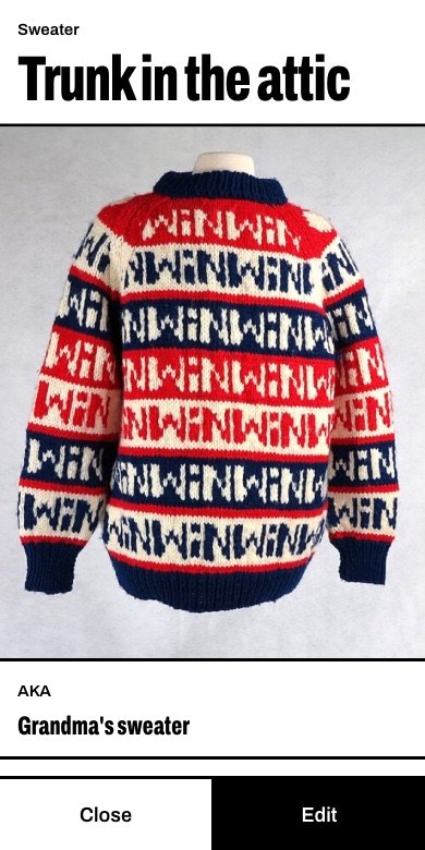 A sweater's page: 'Trunk in the attic' in large letters above the photo, and its nickname below.